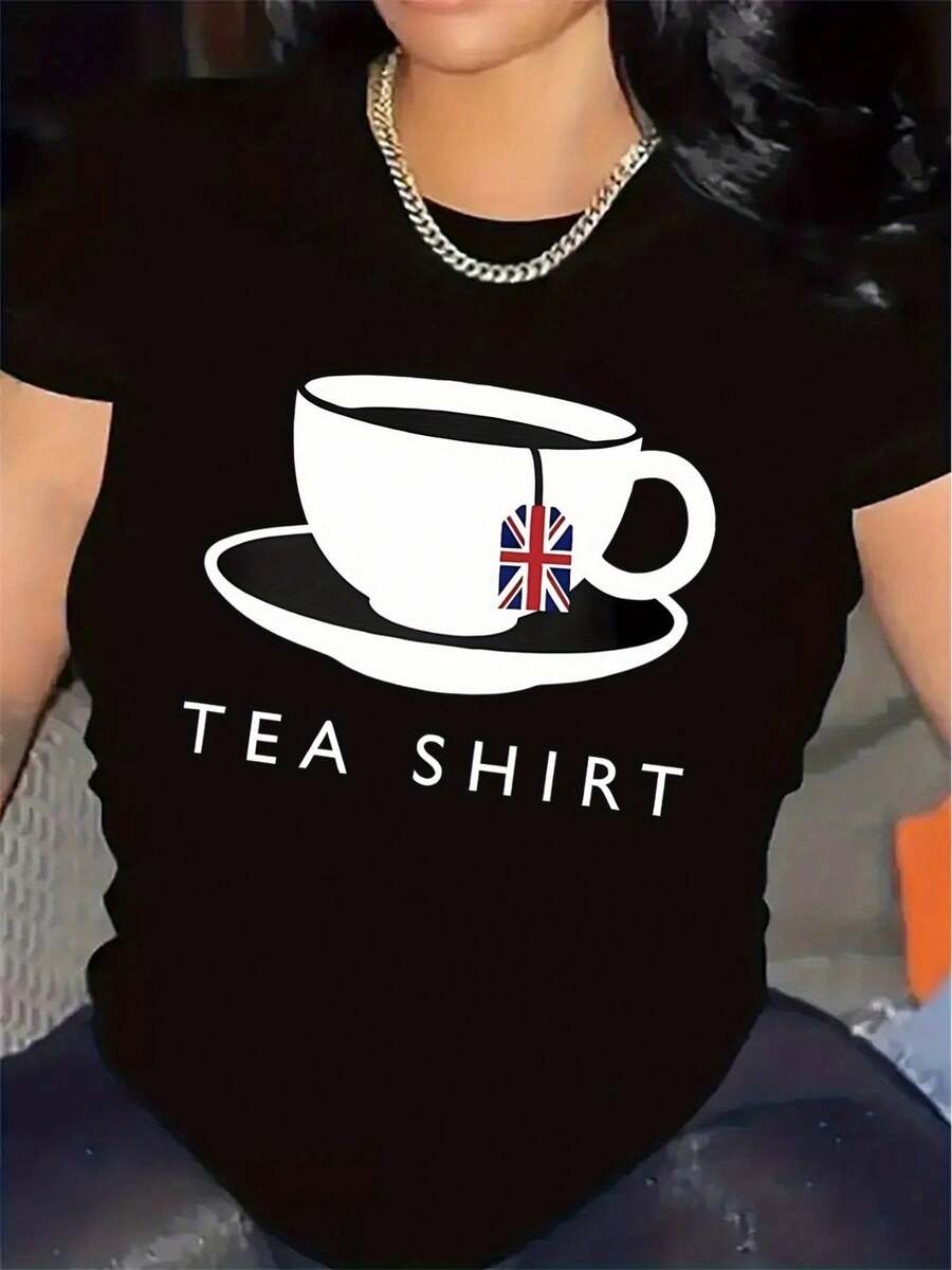 1 camiseta de mujer con estampado de té de estilo británico - Camiseta suave de manga corta con cuello redondo, adecuada para uso diario casual y eventos de temática británica - Lavable a máquina, 180g, 100% algodón. - Negro - Ver 1