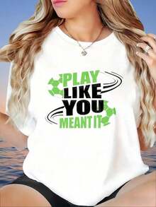 Camiseta de Fútbol "Juega Como Si Lo Quieres Enserio" para Mujer, Top Deportivo Casual con Diseño Gráfico para Aficionadas al Fútbol, Camiseta de Mujer - Blanco - Ver 1