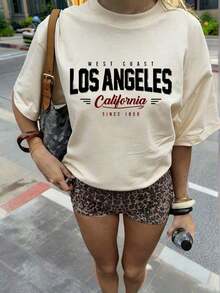 Women's Short-Sleeved T-Shirt, Casual Summer Style, With Los Angeles Slogan Print, Loose And Versatile, With Round Neck, Ideal For Everyday Wear And Holidays. - 白色 - 查看 5