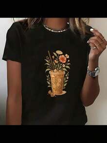 Casual Camiseta Con Estampado Floral Para Amantes De Las Plantas, Camiseta De Jardín, Regalo De La Naturaleza, Regalo Del Día De La Madre, Ropa Casual Bonita, Regalo, Cumpleaños, - Negro - Ver 7