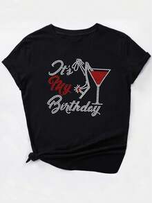 Women'S Sparkling Celebratory Cocktail Print Birthday T-Shirt - Polyester Casual Crew Neck Top With Medium Stretch - Knit Graphic Tee For Spring/Summer/Fall - Black - View 2