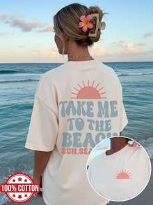 Women's Spring/Summer Clothing With Double-Sided Print, Vintage Style Top For Women, Sun And Beach Design, "Take Me To The Beach" Print, Versatile Short Sleeve, Drop Shoulder, Oversized T-Shirt, Women's Winter Clothing. - 杏色 - 查看 7