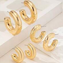 3 Pairs Classic Fashion Personalized C-Shape Twisted Water Drop Earrings Set, Exaggerated Shiny Elegant Versatile Earrings Gift Set For Women, Suitable For Daily Wear - Earrings - View 3