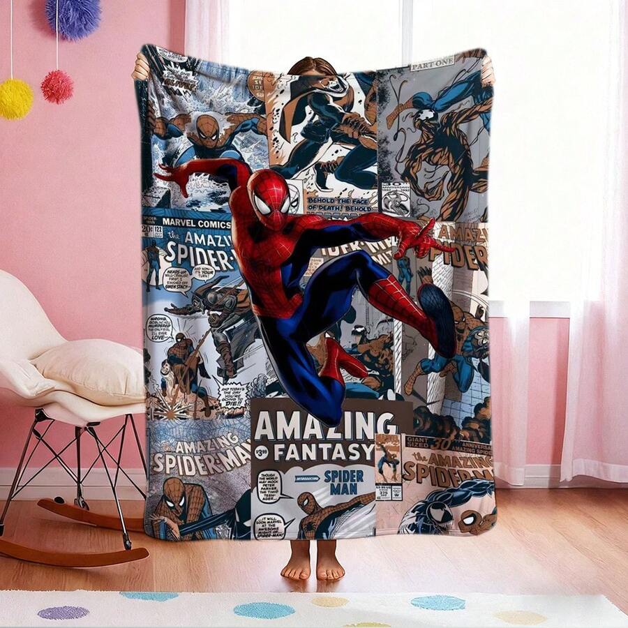 1pc S-Pider-Man Print Blanket,Retro Cartoon Style Throw Blanket,Cartoon Character Printed Blanket,All-Season Universal Nap Blanket,Character Home Decor Blanket,Modern Fashion Gift Suitable For Home Bedroom Bed Sofa Office Lunch Break Cover Picnic Blanket - Nhiều màu - Xem 1