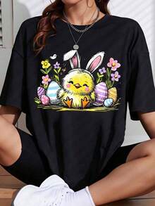 ropa de mujer Camiseta linda de pollito y conejito de Pascua con estampado de huevos de Pascua y flores para la celebración de las vacaciones de primavera camisas de mujer - Negro - Ver 6