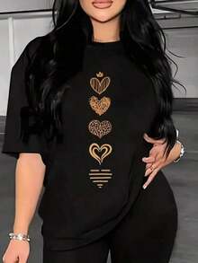 Women's Casual Printed Short-Sleeve T-Shirt. Fashionable Round Neck And Short Sleeve T-Shirt With Heart Design, Graphic Shirt For Women. - 黑色 - 查看 7