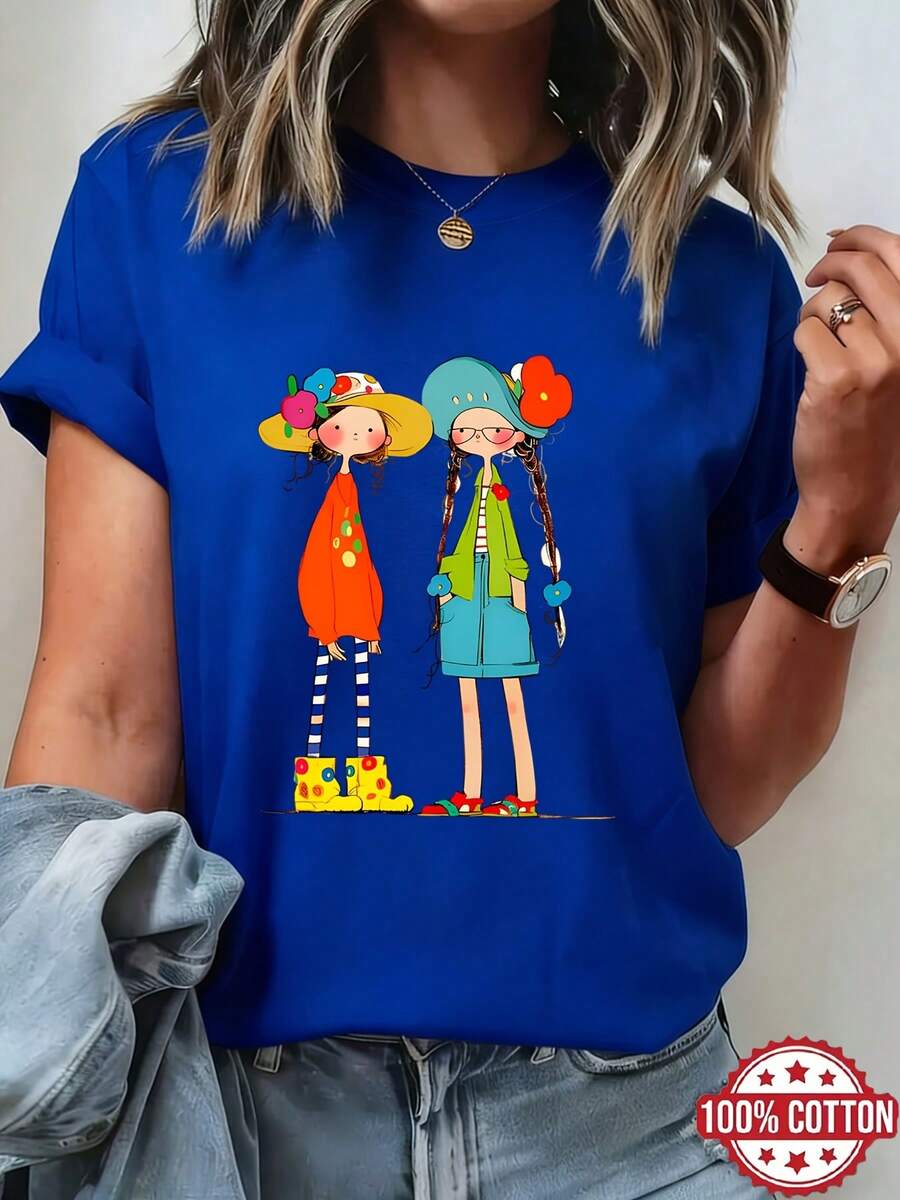 Camiseta de Mujer con Estampado Floral Fresco, Camiseta Corta de Manga Corta con Cuello Redondo 100% Algodón para Mujer, Camiseta Transpirable de Primavera/Verano/Otoño, Adecuada para Atuendos Casuales, Camiseta de Mujer de Manga Corta con Cuello Redondo - Azul - Ver 1