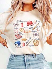 Women's Blouses, 1 Piece Of 100% Cotton Baseball T-Shirt, Baseball T-Shirt For Mom, Baseball T-Shirt With Bow, Game Day T-Shirt, Flirty Sports T-Shirt, Watercolor Baseball T-Shirt For Mom, 180g 100% Cotton. - 白色的 - 查看 9