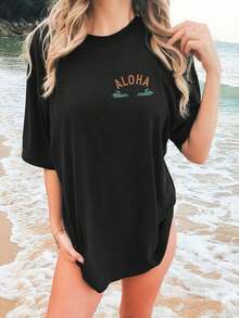[Double-Sided Print] Women's Summer Casual T-Shirt, Vintage Style, Coconut Tree Print And The Letter AOHA Hawaii, Short Sleeve, Round Neck, Pure Cotton, Oversized Off-Shoulder T-Shirt, Elegant Party Outfit, T-Shirt For Elegant Ladies, Blouses Suitable For Curvy Women, Prom Skirts, Casual Wear - 黑色 - 查看 2