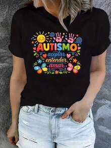 1 Piece AUTISM: Embrace, Understand, Value - A Women's T-Shirt Focused On Autism Awareness With A Spanish Flair. This Casual Short-Sleeved Shirt Features Handprint And Sun Designs, Accompanied By A Striking Phrase. Cozy 180g 100% Cotton - 黑色 - 查看 6