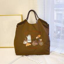 1 pièce Nouveau sac de courses pliable en nylon avec motif brodé de boisson au café, sac à bandoulière croisé pour femme, sac fourre-tout pour les trajets quotidiens et les fêtes - Multicolore - Voir 4