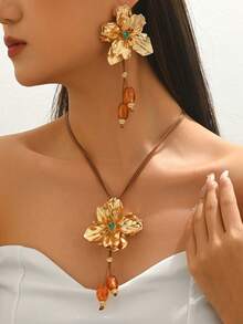 3pcs/Set Summer Fashion Bohemian Colorful Hollow Flower Necklace + Earrings Jewelry Set For Women, Suitable For Casual, Beach, Date, Party, Gift - Brown - View 2
