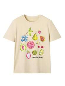 Camiseta de manga corta amarillo vibrante para mujer, tela amigable con la piel, gráfico de fruta colorido en la parte delantera, estilo brillante de dopamina, adecuado para picnics de verano, festivales de frutas y vacaciones casuales en islas tropicales - Albaricoque - Ver 4