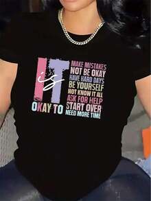 Women's T-Shirt With Inspirational Quote - "Make Mistakes, Don't Settle" Design, Short-Sleeve Polyester T-Shirt In Black And White, Lightweight And Soft Fabric, Perfect For Home Office, Casual Daily Wear, Or Restaurant Settings. | Fun Design T-Shirt | Comfortable Fit - 黑色 - 查看 7