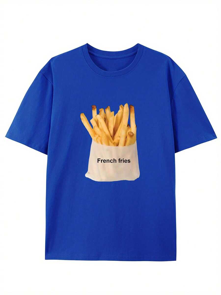 Men's Cotton T-Shirt With Vintage Style And Creative French Fries Print - Casual Round Neck, Short Sleeve For Summer - 藍色 - 查看 1