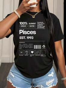 Women's Cotton T-Shirts, T-Shirt With The Zodiac Sign Pisces, 100% Unique, Water Element, Born In 1993, Graphic T-Shirt With Constellation Of Compassion And Love For Women, Basic Blouses For Women. - 黑色 - 查看 2