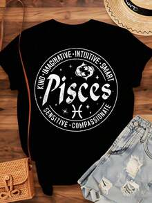 Women's Cotton T-Shirts With The Pisces Zodiac Sign, Women's T-Shirt, Kind, Imaginative, Intuitive, Intelligent, Sensitive, Compassionate, With Astrology Graphic, Casual Top, Summer Outfit, Gift For Birthday Or Holidays, Basic Blouses For Women. - 黑色 - 查看 3
