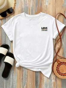 New 180g Short-Sleeved T-Shirt, 1% Cotton, With Front And Back Print - LOVE IS NEVER WRONG, Hearts - Fashionable Printed T-Shirt For Women, Short-Sleeved, Suitable For All Seasons, Modern Clothing - Can Be Worn As A Base Layer In Spring And Autumn Or Alone In Summer, Unisex. - 白色 - 查看 3