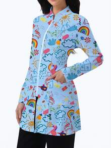 cimmuovere Women's Printed Zip-Front Scrubs Jacket With Dual Pockets, Workwear For Nurse, Dentist, Healthcare, Pet Hospital, Laboratory Vacation - Baby Blue - View 5