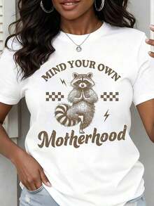 Women's Modern Minimalist Casual T-Shirt With 'Raccoon Mind Your Own Motherhood' Graphic Print, Summer Top For Everyday Casual Wear - 白色 - 查看 7