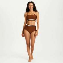 Women's Two Piece Bikini Set With Scoop Neck Top High Waist Bottom And Contrast Trim - Large, Coffee - 咖啡棕 - 查看 3