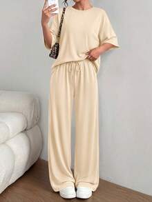 PRETTYGARDEN Women's Summer Clothes 2 Piece Sets Lounge For Short Sleeve Matching Airport Travel Outfits Casual Beige Vacation Summer Brunch Outfits For Women Mothers Day Outfit - 米色 - 查看 4