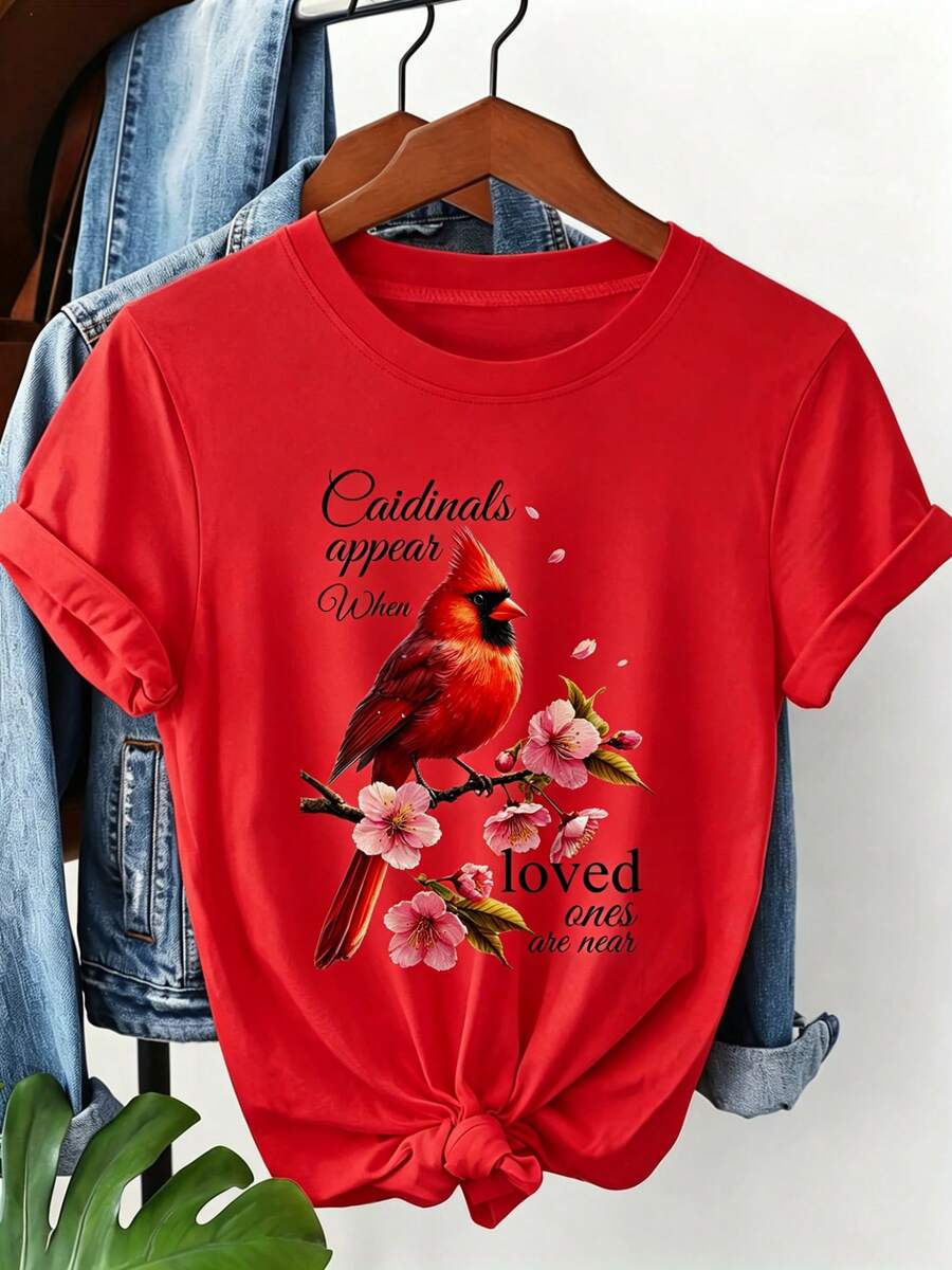Soft, One-Piece Summer Outfit For Plus-Size Women, Featuring A Comforting And Healing Print Of The American Cardinal And Cherry Blossom In Commemoration Of The Motto "Cardinals Appear When Loved Ones Are Near," A Mother's Day Gift, Plus-Size Blouse For Women, Summer Clothes For Women, Elegant Blouses For Women. - 紅色 - 查看 1