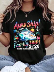 Aww Ship It's A Family Trip 2026 Cruise T-Shirt To Make Memories Together, For Family Vacation, Travel Souvenir Gift, Summer Clothes, 220g - Urban Vintage Style, Unisex, Loose Fit, Cotton, Short Sleeve, Round Neck, 100% Pure Cotton. - 黑色 - 查看 7