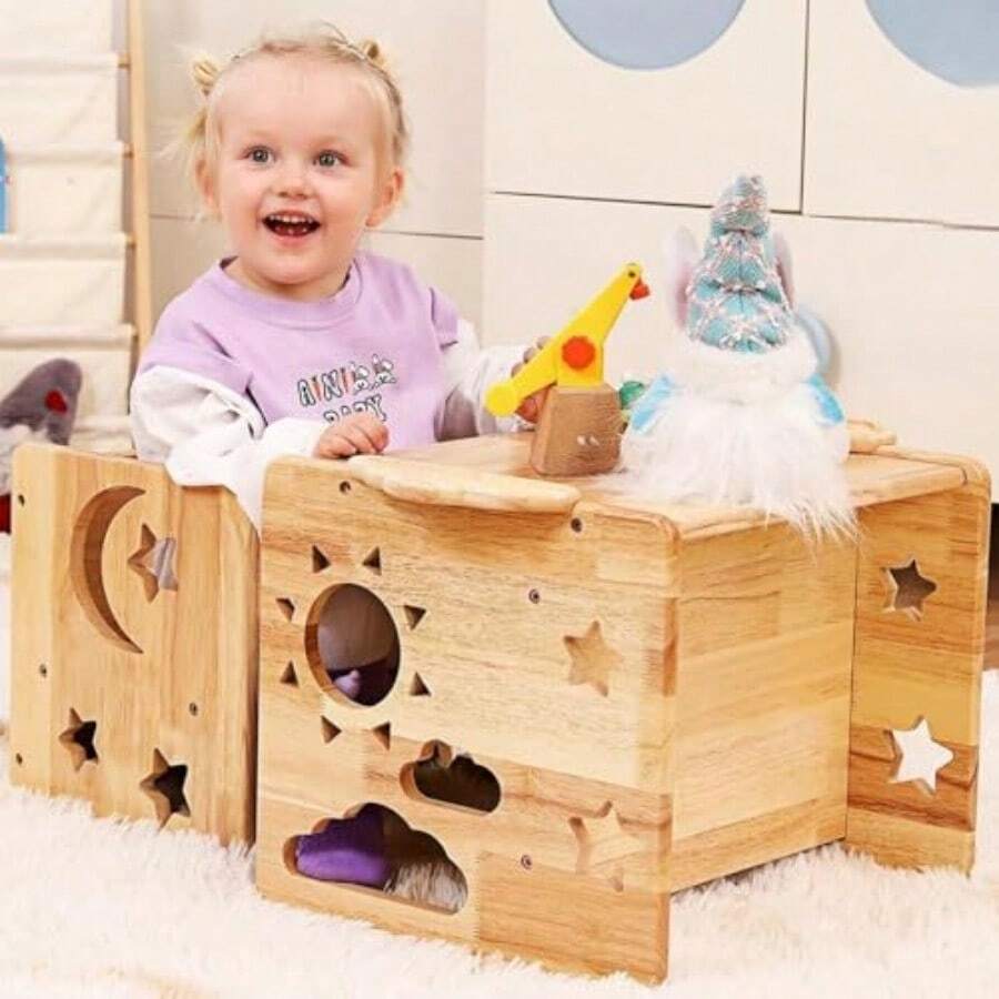 Banco Mesa y Sillas para Niños Montessori Escalera para Niños Antideslizante, Taburete para Niños Baño, Torre de Aprendizaje Montessori para Cocina, Torre de Pie con Riel de - Color de Pino - Ver 1