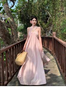 New Women's Long Summer Dress, Pink, 'pure And Sexy' Style, Elegant And Sophisticated, Holiday, Exclusive, Designer, Halter Neck, Flattering, Perfect For Vacation, Beach And Fairy Looks - 粉色 - 查看 6