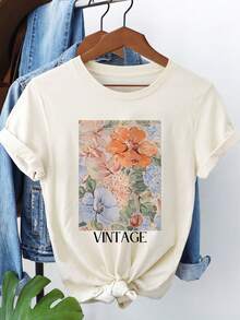 Modern, Casual Women's Top, Perfect For Parties And Lounging At Home, 100% Cotton, Loose Fit. Women's Printed T-Shirts Vintage Floral And Letter Print T-Shirt - Soft Beige, Short Sleeve, Crew Neck, Loose Fit, Machine Washable For Spring And Summer, Women's T-Shirts, Casual Wear, All Seasons Wear, 100% Cotton - 杏色 - 查看 7