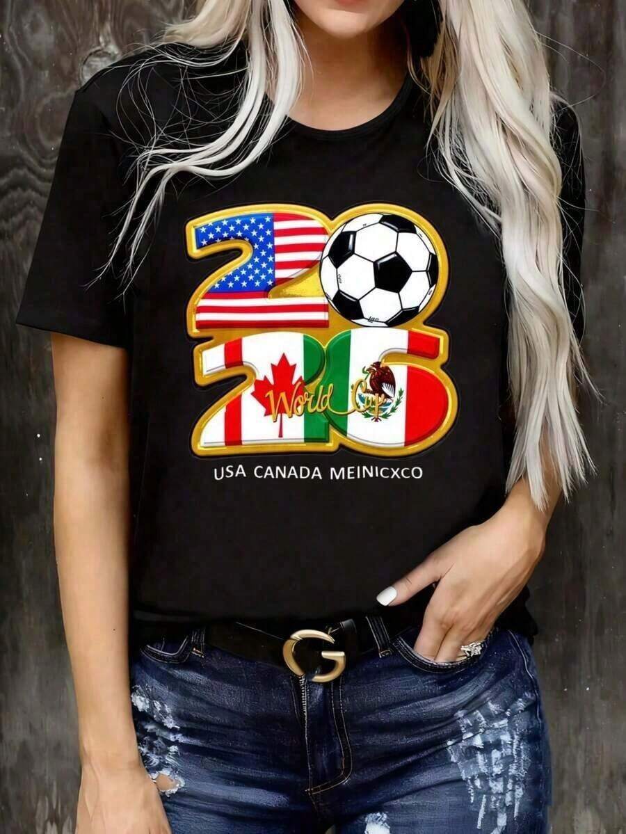 2026 World Cup Themed T-Shirt, 2026 World Cup T-Shirt, USA, Canada & Mexico Soccer Graphic Tee, 100% Pure Cotton, Fun, Printed, Crew Neck, Short Sleeve For Women, Suitable For: Sporting Events/Christmas Parties/Outings/Sports And Other Holiday Gifts, Unisex T-Shirt. - 黑色 - 查看 1