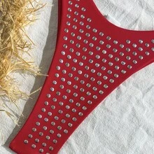 Sexy Rhinestone Bikini 2026, Solid Color Two-Piece Swimsuit With Ties, Women's Beach Vacation Swimwear, Manufacturer - 紅色 - 查看 3
