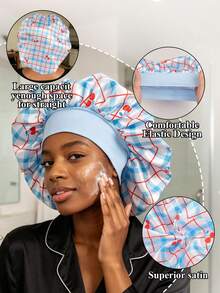 1 Stück blau karierter Kirschprint Satin Haarbonnet, breites elastisches Band Schlafkappe, weiche seidige Nachtkappe für lockiges Haar, Haarpflege Kopfbedeckung für Frauen - Babyblau - Übersicht 4