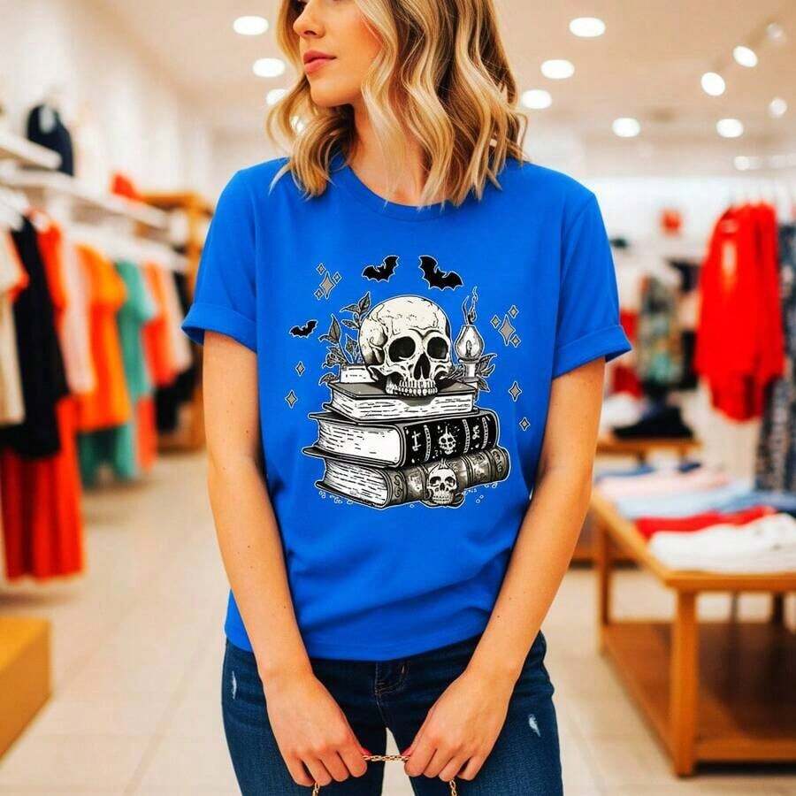Women's Halloween Skull And Book Print Cotton T-Shirt, Short Sleeve, Round Neck, Casual Style, Loose Fit, Ideal For Parties, Various Sizes, White Gothic Style Print, Soft And Comfortable Blouse For Daily Wear. - 藍色 - 查看 1