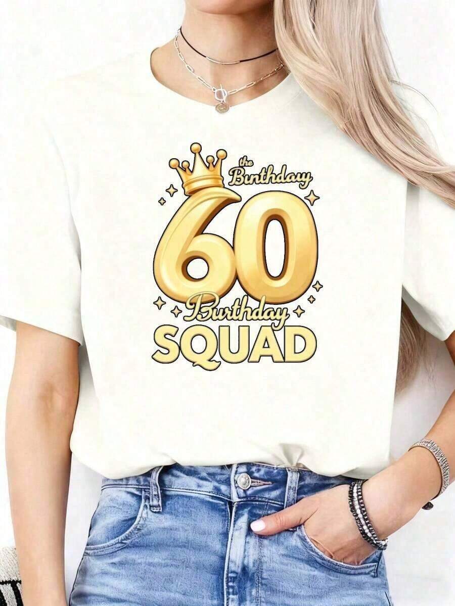 100% Cotton. Women's "60th Birthday Squad" Printed T-Shirt, Short Sleeves, Crew Neck, Casual Style, Ideal For Birthday Parties, Anniversaries, And Special Occasions. This Fun Printed T-Shirt Is Suitable For Sporting Events, Parties, Outings, And Other Festive Gifts. 100% Cotton. Simple Solid Color, Loose-Fitting, Casual Short-Sleeve T-Shirt For Women. - 白色的 - 查看 1