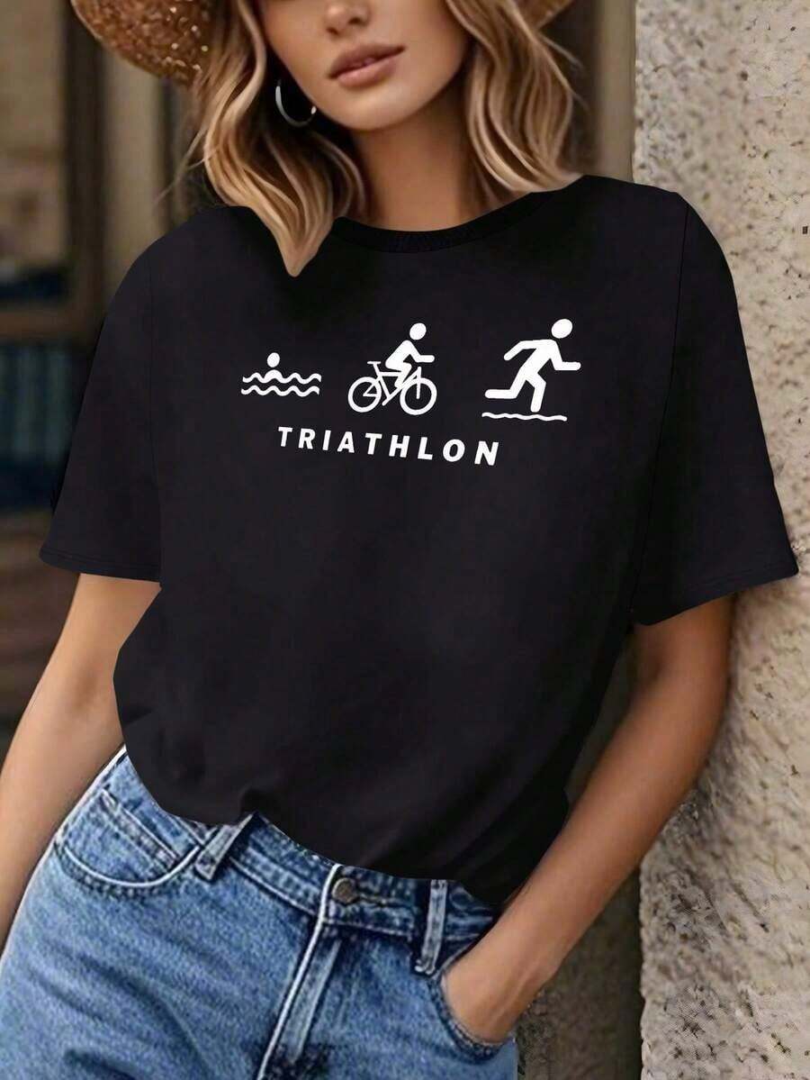 PremiumSofttouch Triathlon Logo Simple Wo's Pure Cotton Comfortable T-Shirt, Wo's T-Shirt, Sportswear, Casual Apparel, Minimalist Design, Simple Style, Lightweight Shirt, Material, Slim Fit T-Shirt, Wo's T-Shirt, Casual Wear, Active Wo Printed Pattern Short Sleeve T-Shirt Simple Casual Summer TopGift Idea - 黑色 - 查看 1