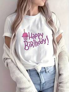 2026 New Women's Casual Short Sleeve Printed T-Shirt, Round Neck, Slightly Elastic, New Spring/Summer Style, Comfortable, Super Soft, With Embossed Cartoon Animal Character, Size A, Beautiful Gift. Elegant Party Outfit, T-Shirt For Elegant Ladies, Blouses Suitable For Curvy Women, Casual Wear, Cool And Sweat-Free Summer Clothes, Fun Letter Print - 白色 - 查看 1