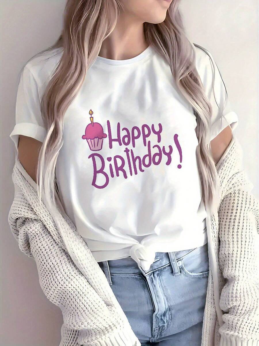 2026 New Women's Casual Short Sleeve Printed T-Shirt, Round Neck, Slightly Elastic, New Spring/Summer Style, Comfortable, Super Soft, With Embossed Cartoon Animal Character, Size A, Beautiful Gift. Elegant Party Outfit, T-Shirt For Elegant Ladies, Blouses Suitable For Curvy Women, Casual Wear, Cool And Sweat-Free Summer Clothes, Fun Letter Print - 白色 - 查看 1