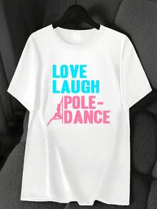 T-Shirt With English Dance Print. Short Sleeve, Round Neck, High-Elasticity Casual Sports Top. Machine Washable. Spring And Summer. Women's Clothing. Elegant Party Outfit, T-Shirt For Elegant Ladies, Blouses Suitable For Curvy Women, Casual Wear, Cool And Sweat-Free Summer Clothing, Fun Letter Print. - 白色 - 查看 1