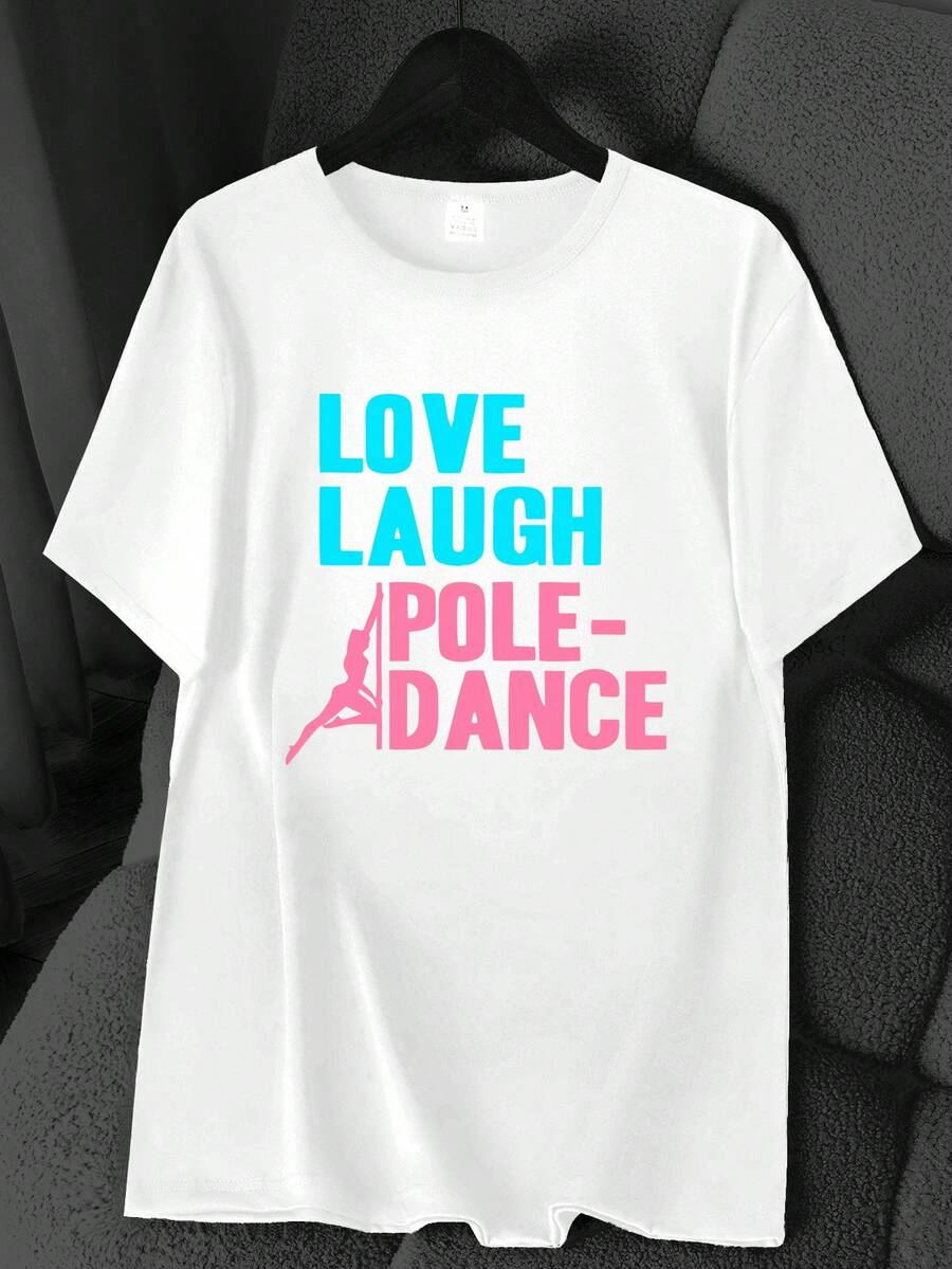 T-Shirt With English Dance Print. Short Sleeve, Round Neck, High-Elasticity Casual Sports Top. Machine Washable. Spring And Summer. Women's Clothing. Elegant Party Outfit, T-Shirt For Elegant Ladies, Blouses Suitable For Curvy Women, Casual Wear, Cool And Sweat-Free Summer Clothing, Fun Letter Print. - 白色 - 查看 1