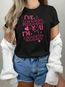 Camiseta de mujer para primavera/verano con estampado "TE HE ENSUEÑADO, LO SIENTO", adecuada para parejas que deseen expresar su añoranza y para ocasiones románticas, ropa casual de manga corta. Top cómodo y versátil de manga corta. - Negro - Ver 1