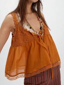 Women Sleeveless Ruffled Lace Trim Boho Spaghetti Crop Top Scoop Neck Flowy Button Down Front Tie Mesh Crop Tank Top - Orange-red - View 3