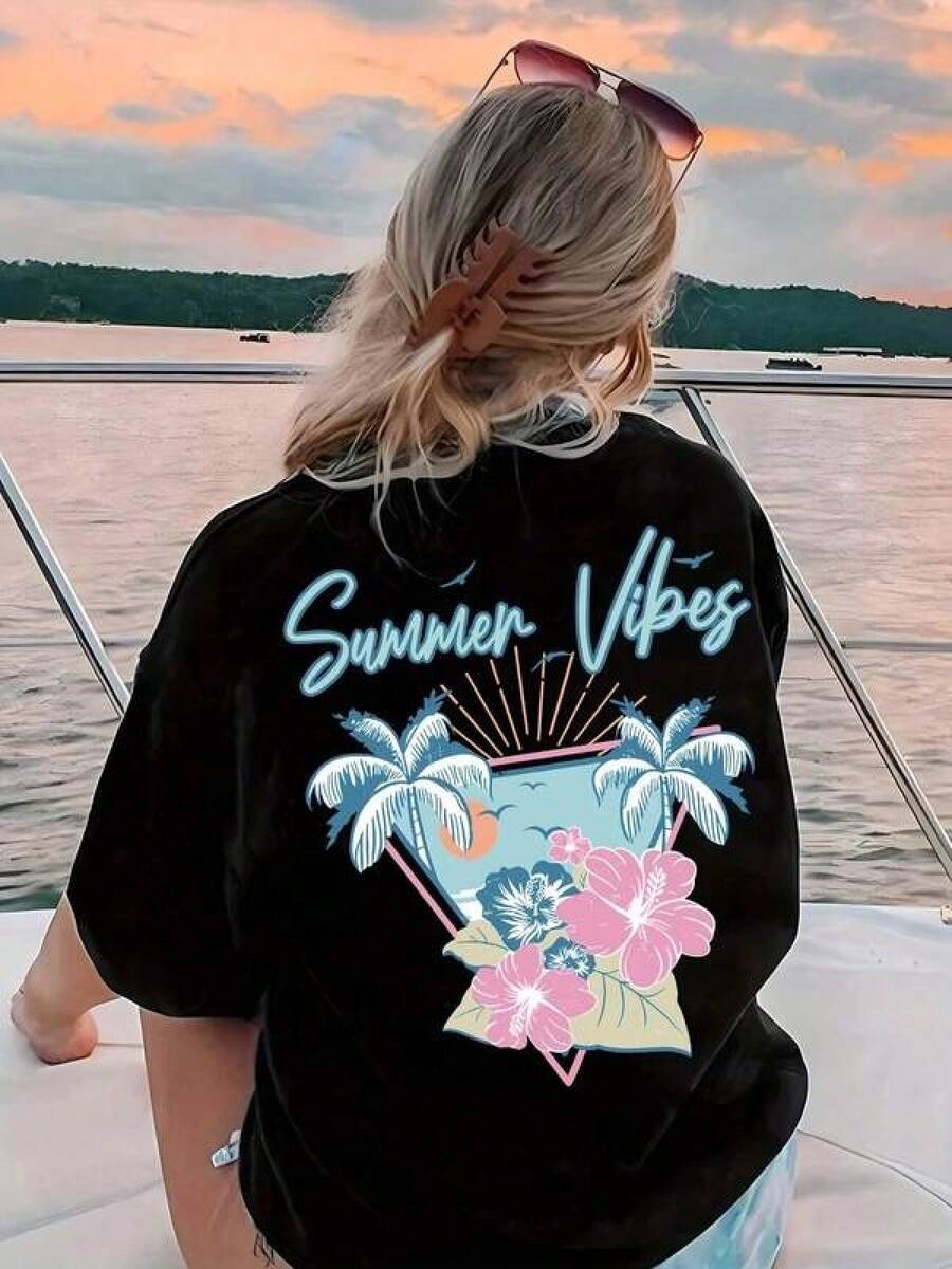 100% Algodón Premium: Camiseta veraniega moderna estilo hawaiano colores vibrantes diseño floral para mujer con estampado tropical ideal para el verano talla M negro moda casual  - Ropa de Moda Casual Suave y Transpirable para Diario - Negro - Ver 1
