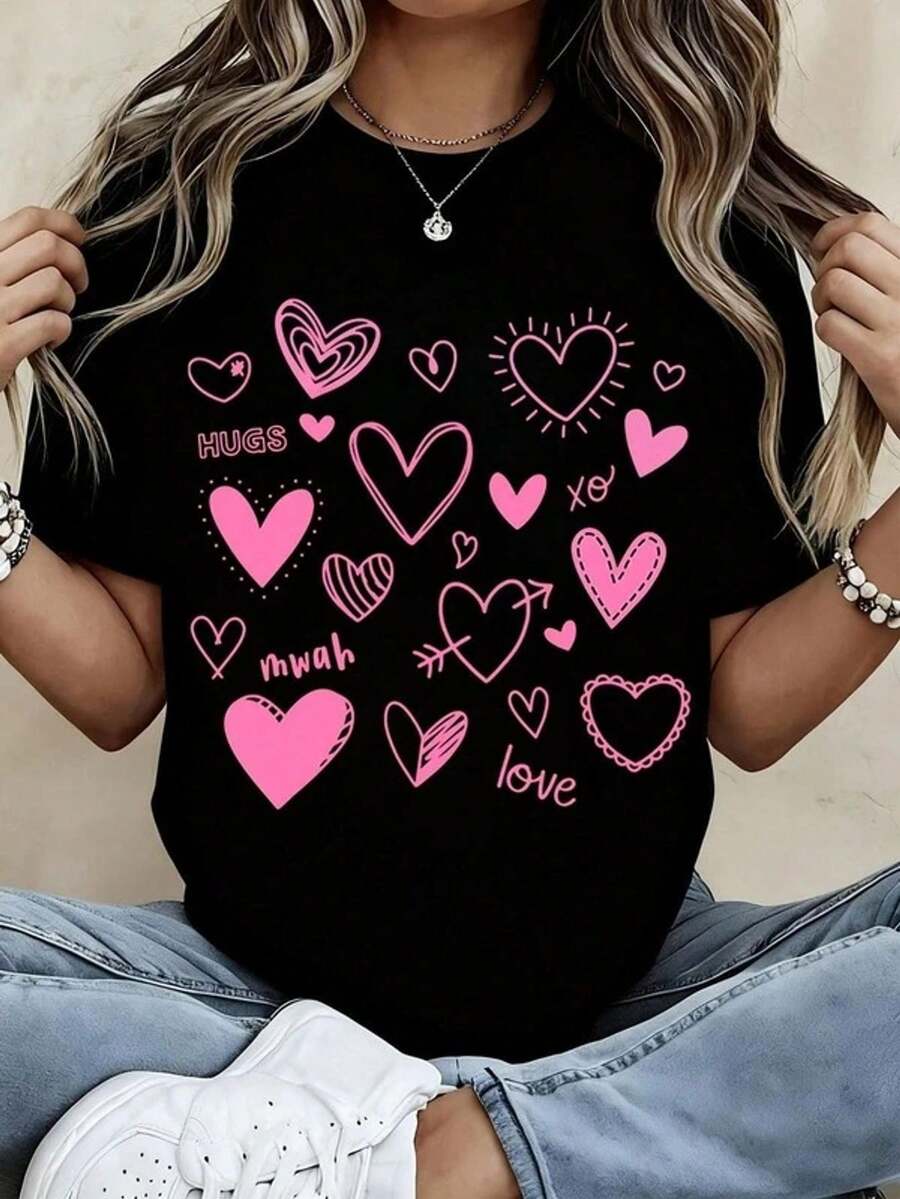 Women's Printed T-Shirt With A Round Neck And Casual Western Style. A Chic And Versatile Top For Summer. Soft, Skin-Friendly Fabric, Suitable For All Body Types. - Black - View 1