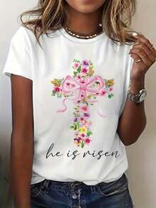 Women's T-Shirt Women's T-Shirt With Floral Cross Print "He Is Risen" - Soft And Lightweight, Vibrant Multicolor Floral Design With Pink Bow, Faith-Inspired Spring-Summer Casual Top, Machine Washable, Round Neck And Short Sleeve. - 白色 - 查看 1