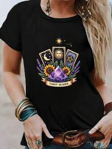 Mystical Reader Women's Round Neck T-Shirt With Casual Print, Women's Casual Printed T-Shirt, Short Sleeve Round Neck, Local Urban Fashion For Spring/Summer. - 黑色 - 查看 1
