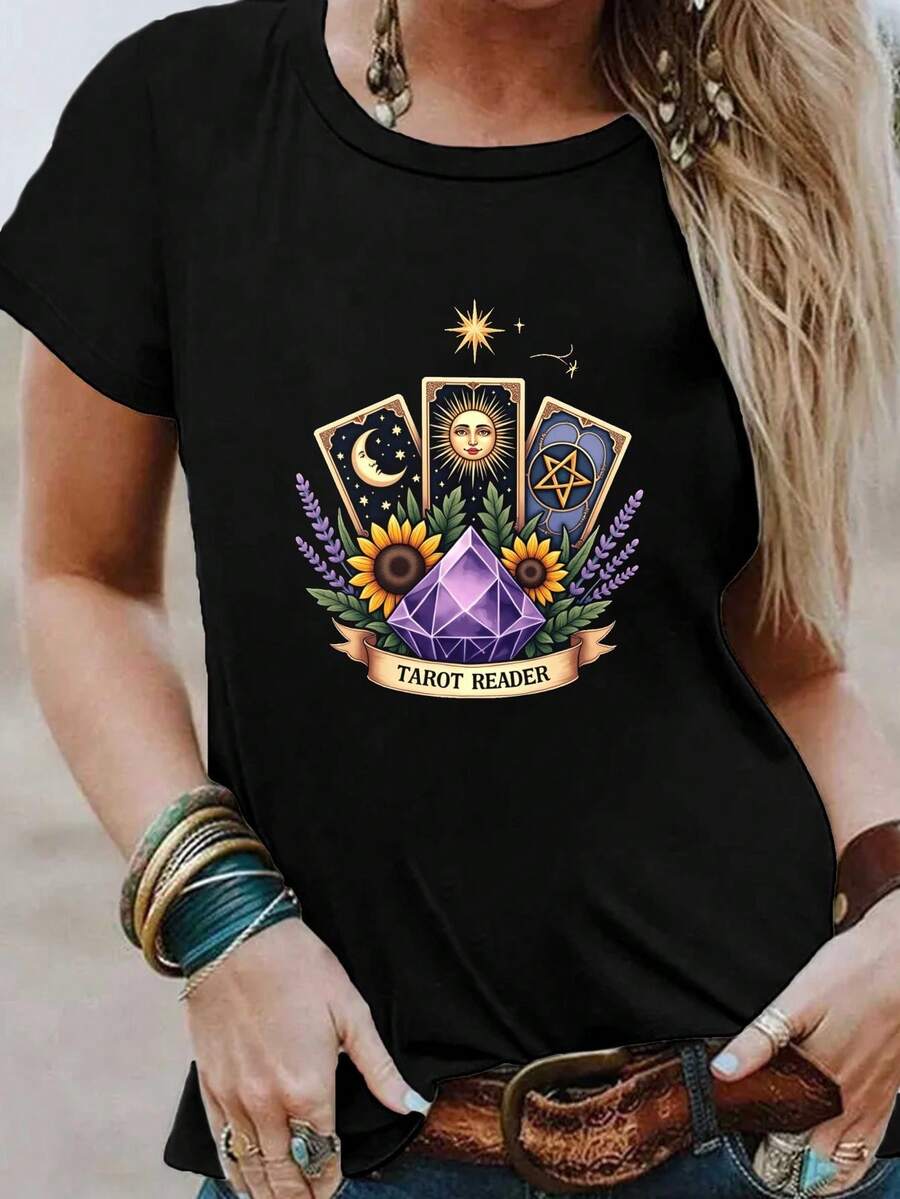Mystical Reader Women's Round Neck T-Shirt With Casual Print, Women's Casual Printed T-Shirt, Short Sleeve Round Neck, Local Urban Fashion For Spring/Summer. - 黑色 - 查看 1