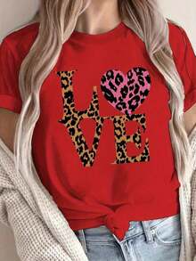 1 Piece Fashion Casual T-Shirt For Men And Women With Leopard Print And Round Neck, Casual Short Sleeve T-Shirt For Spring And Summer, Women's Clothing 4YNS Versatile, Easy To Match, For Daily Wear, Urban Style, Vacation Wear, Weekend Wear. - 紅色的 - 查看 1