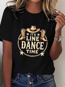 Men's Short-Sleeved T-Shirt, 100% Premium Cotton, Printed With The Retro 'Line Dance Time' Text From The 2000s, Cowboy Boots, And A Country Dance-Inspired Bow Tie Hat. Suitable For Urban Style, Music Festivals, Bars, Commuting, Outdoor Travel, And Everyday Wear In Spring, Summer, And Autumn. Great Gift Idea. - 黑色 - 查看 7